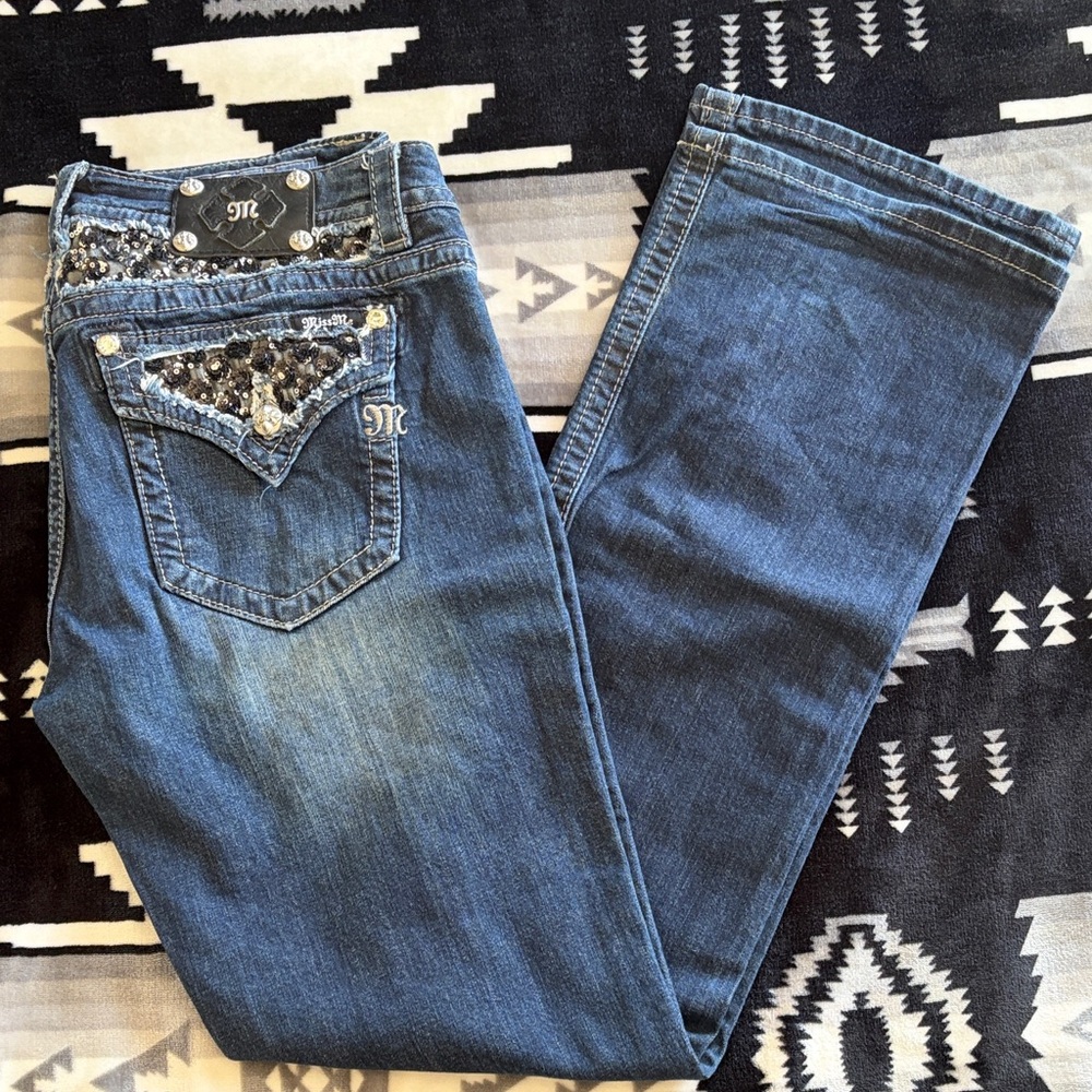 Miss Me Blue Bootcut Jeans with Sequin Back Pocket